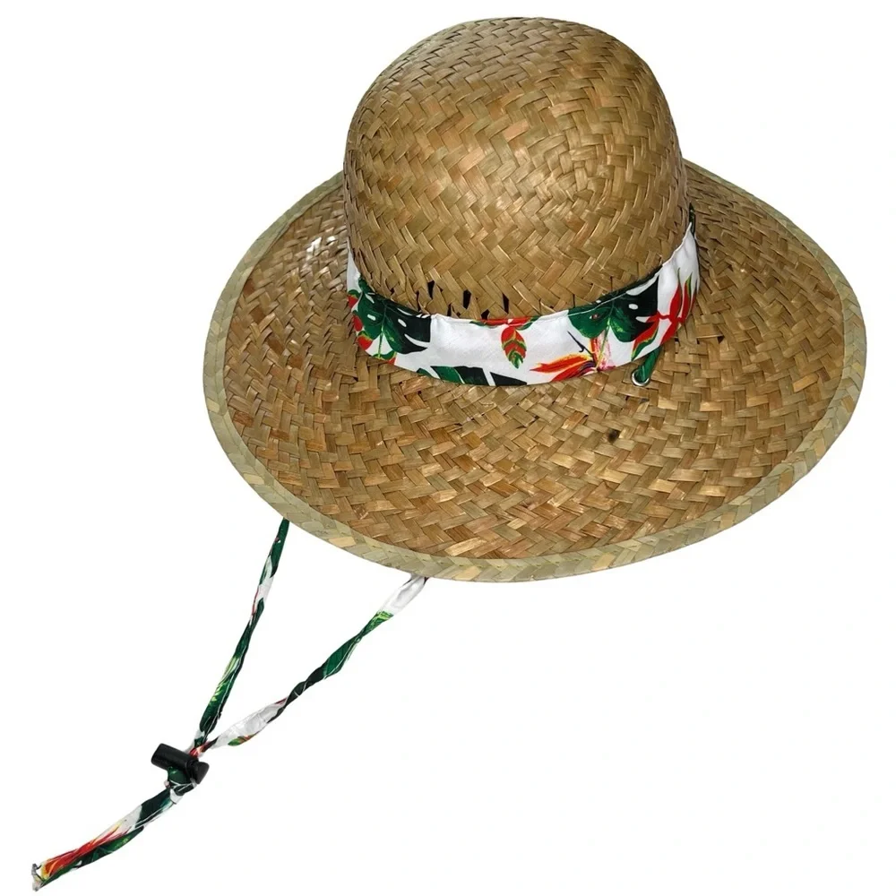 Straw Sun Hat Goldcoast Sunwear Tropical Floral Palm Leaf Band Tan White Green